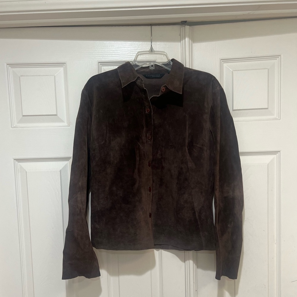 VNTG 90s Express Women Medium Suede‎ Leather Button Front Collared Shirt Western
